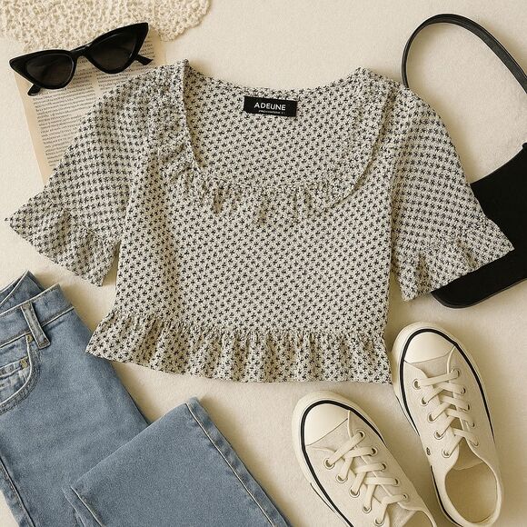 Star Print Size Small Ruffle Hem Crop Top Women’s Flowy Boho Indie Blouse - Picture 2 of 11